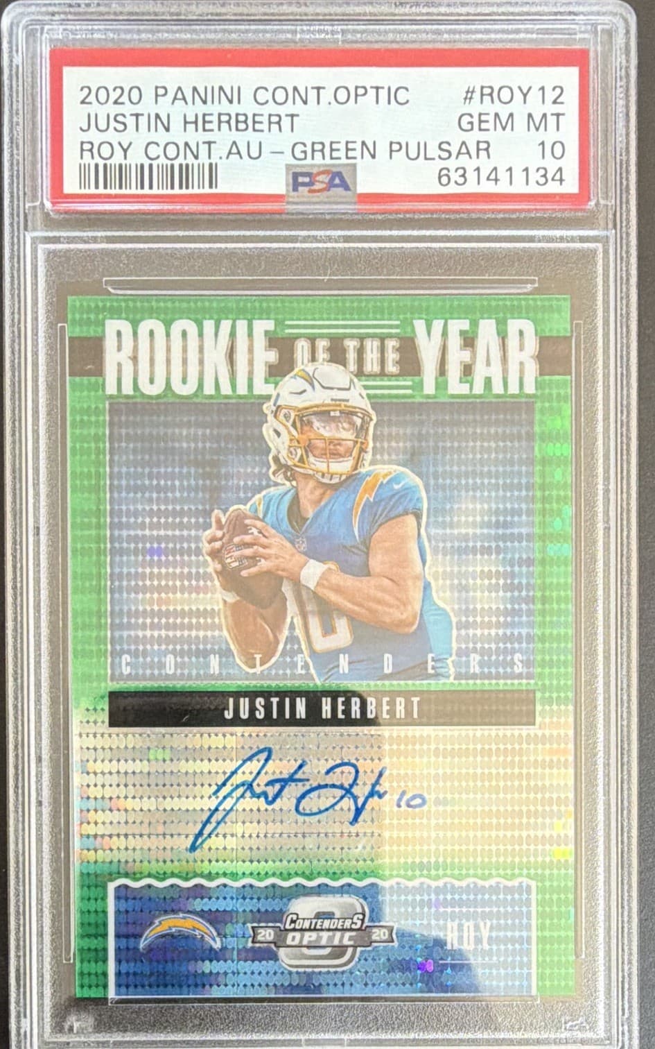 Panini 2020 Contenders Optic Justin Herbert ROY12 Green Pulsar Auto /27 PSA 10