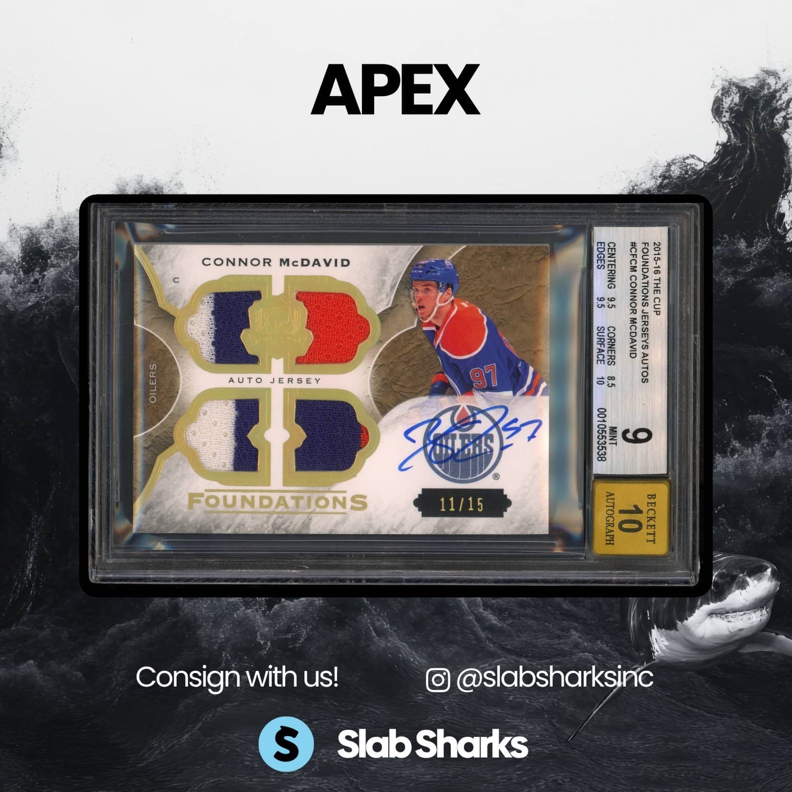 2015 THE CUP CONNOR MCDAVID ROOKIE FOUNDATIONS QUAD JERSEY AUTO 10 RC /15 BGS 9