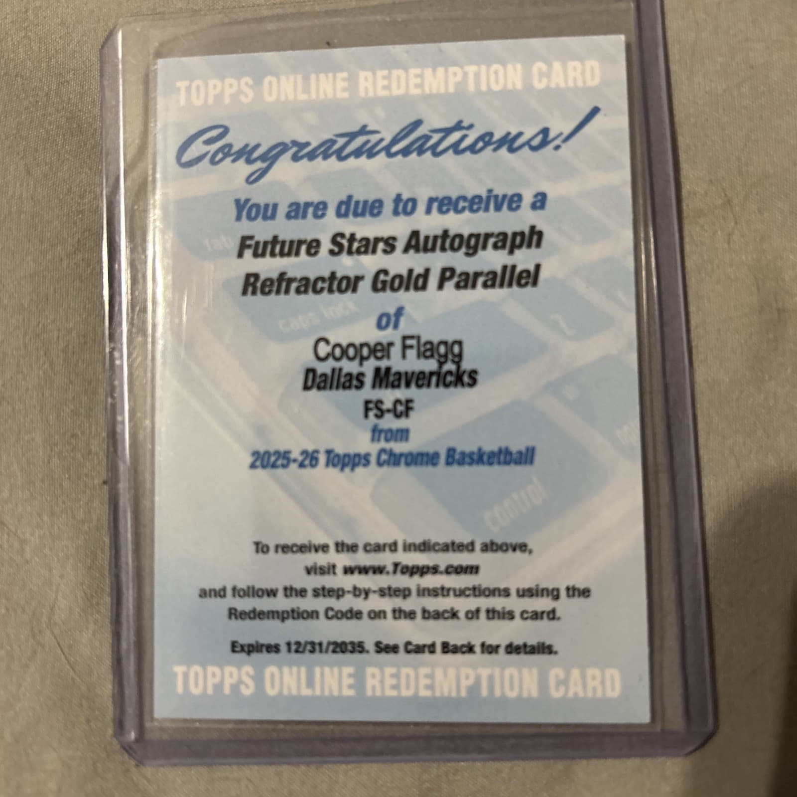 2025-26 Topps Chrome Cooper Flagg Future Stars Auto Gold /50 REDEEMED Redemption