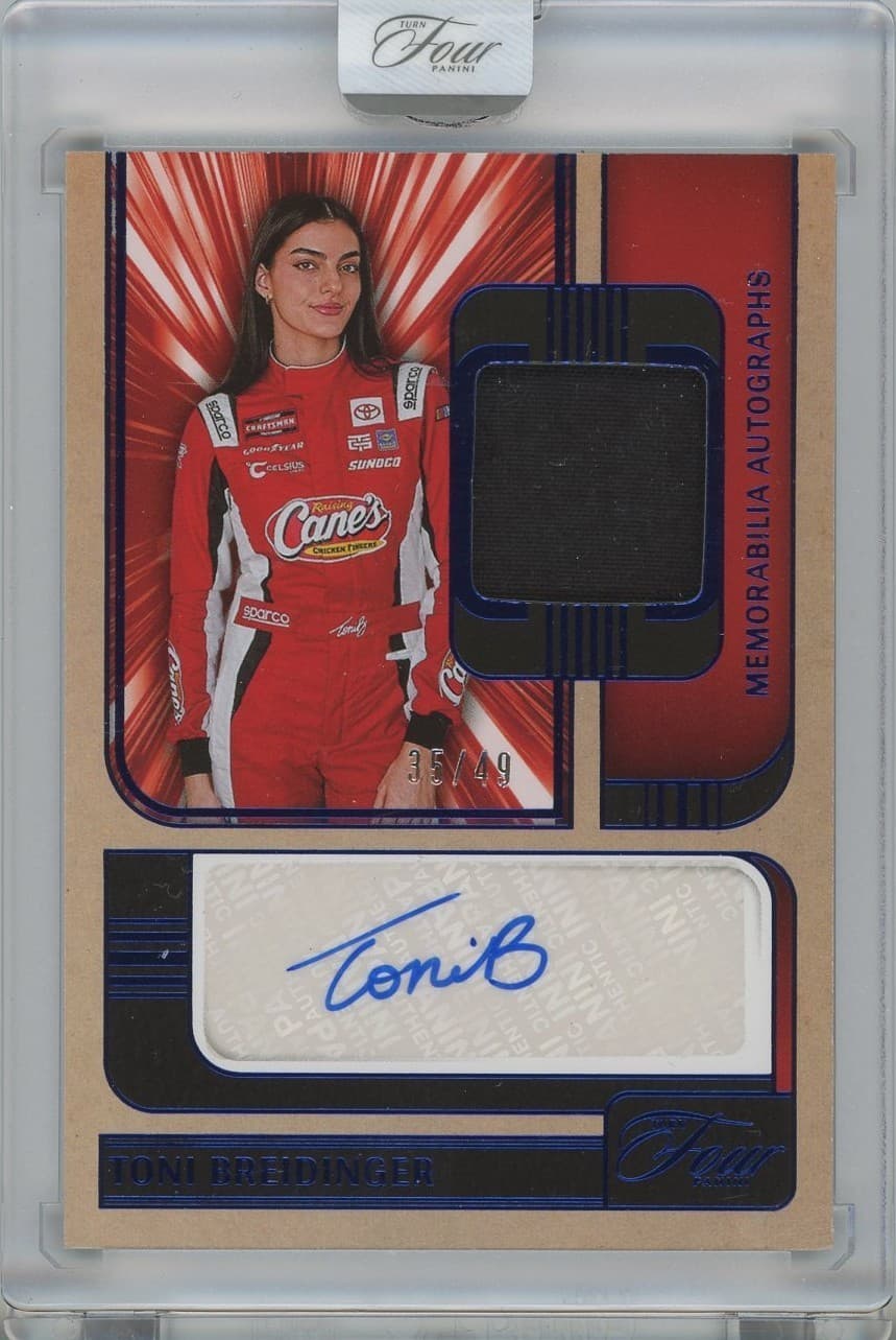 2025 Panini Turn Four Racing NASCAR Toni Breidinger 35/49 Auto Mem RaceWorn Blue