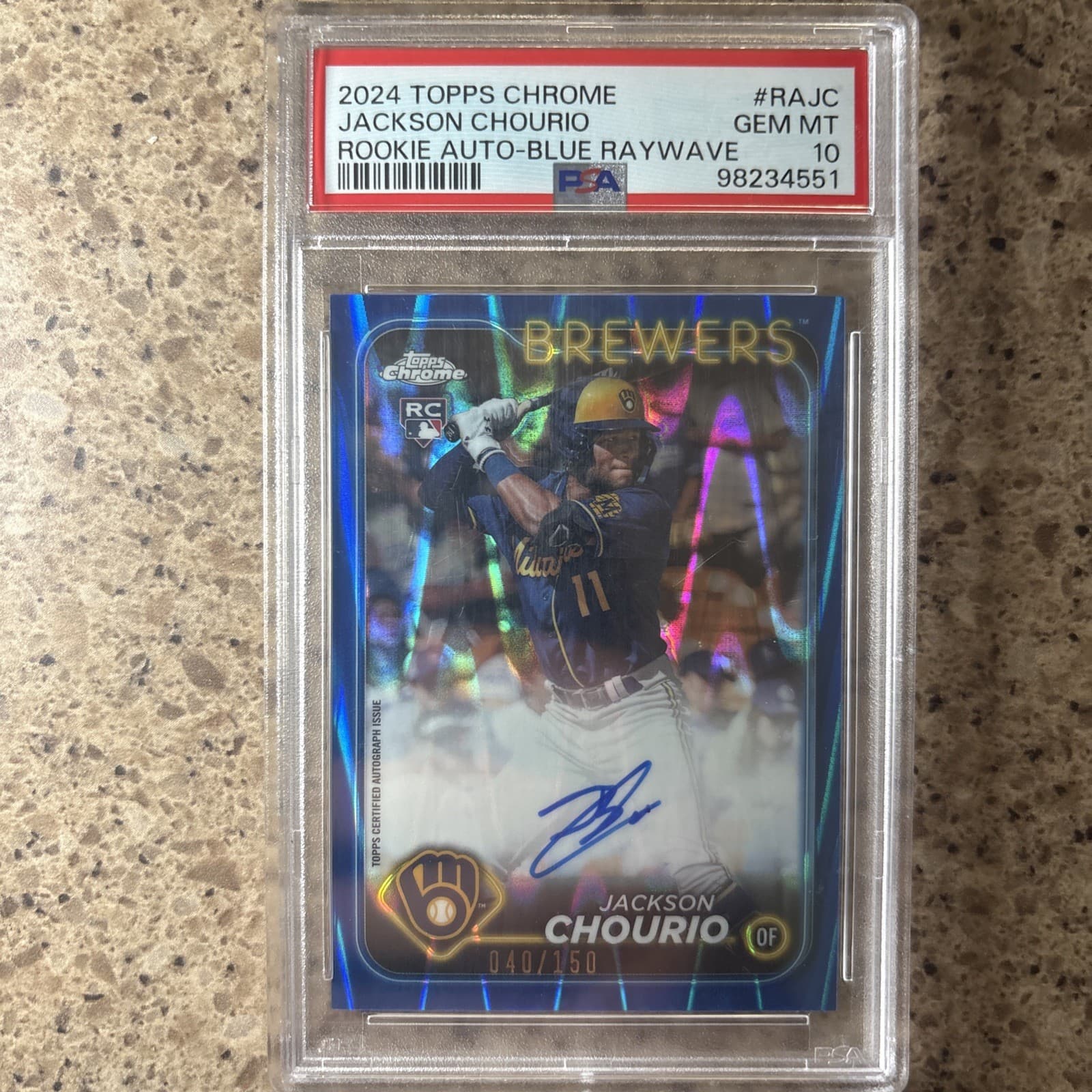Jackson Chourio 2024 Topps Chrome Rookie Auto Blue RayWave /150 PSA 10 #RAJC
