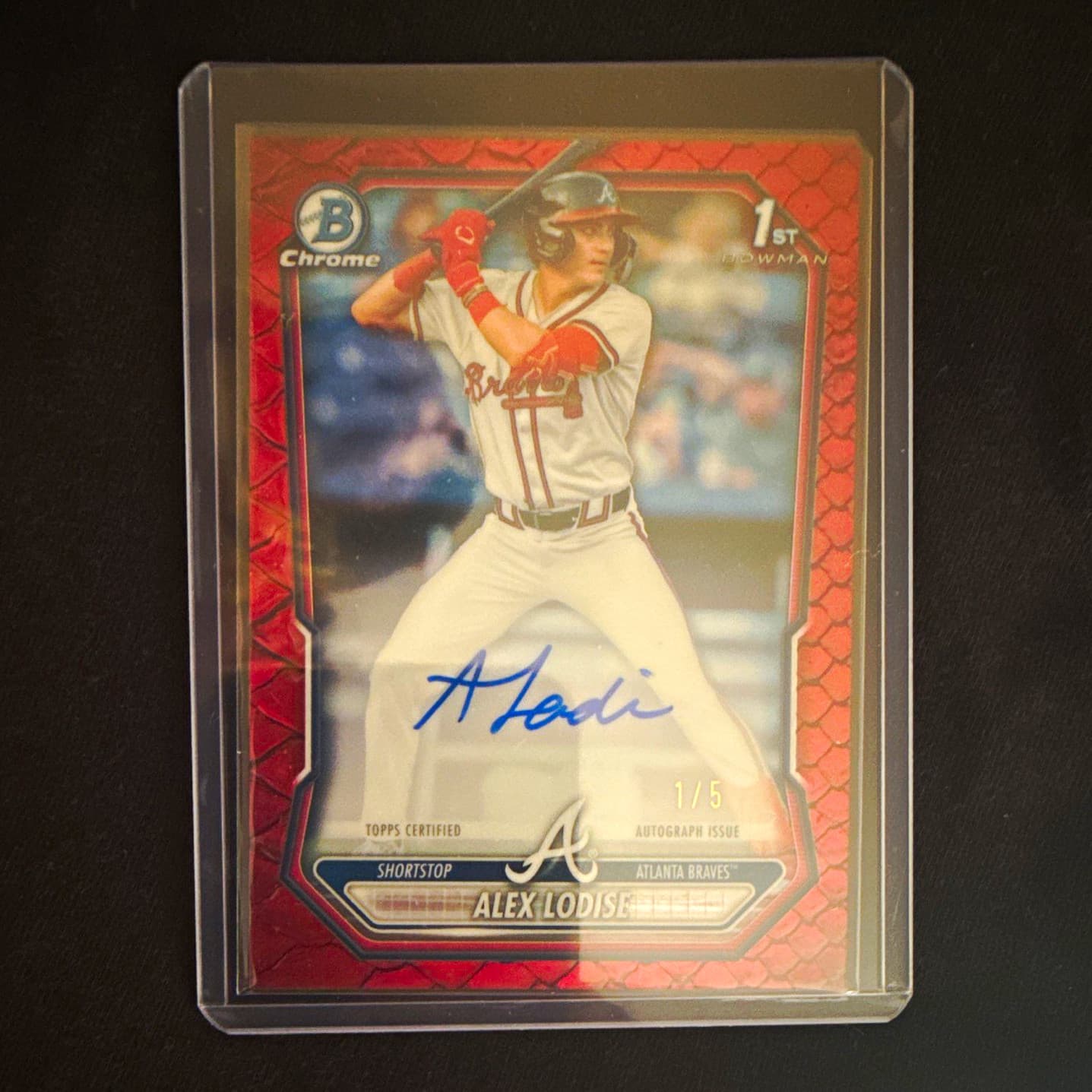 Topps 2026 Bowman Chrome Alex Lodise Braves 1st Bowman Red Reptilian Auto 1/5