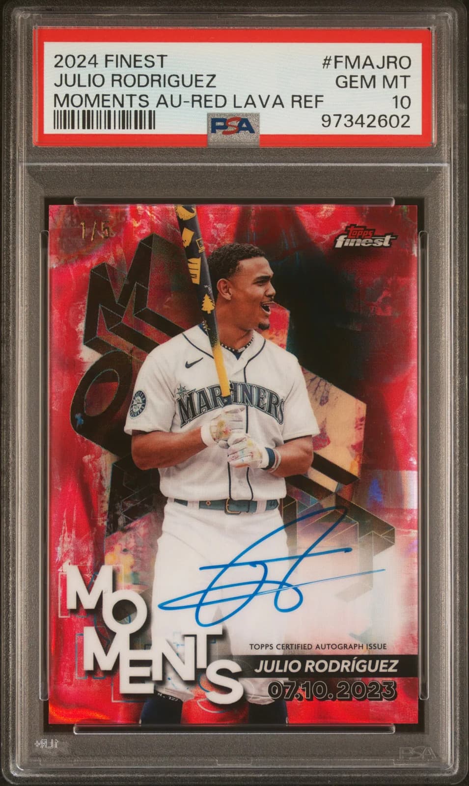 2024 Topps Finest Finest Moments Auto Julio Rodriguez FMAJRO Red Lava Ref PSA 10