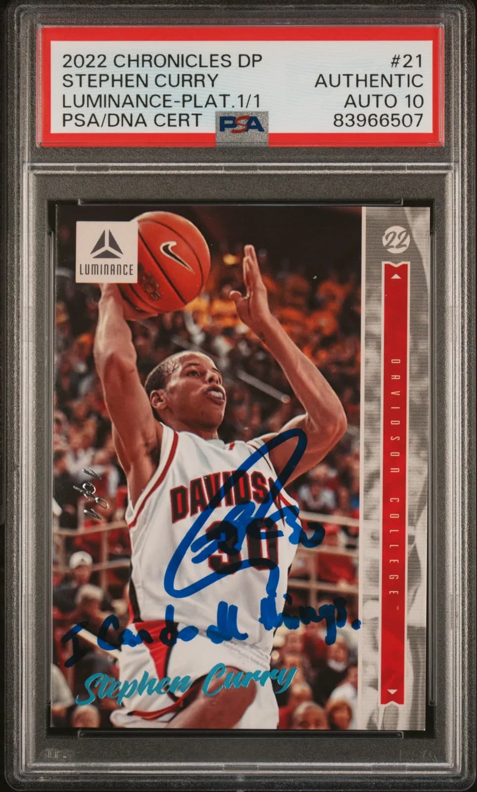 2022 Panini Chronicles Draft Luminance Stephen Curry #21 Plat. 1/1 PSA A Auto 10