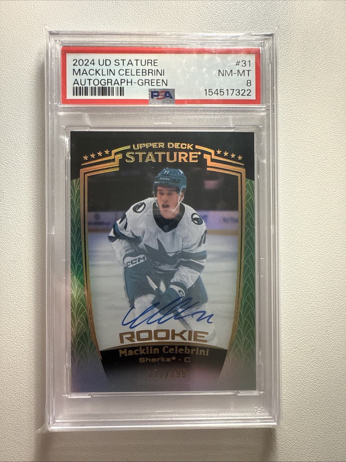 2024 Upper Deck Stature Macklin Celebrini Rookie Auto 171/199 Little Jersey # RC