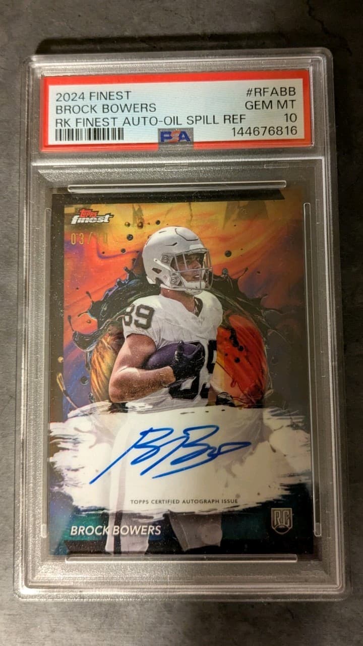 PSA 10 - Pop 2 🔥🔥🔥- Brock Bowers RC Auto 2024 Topps Finest Oil Spill /10 