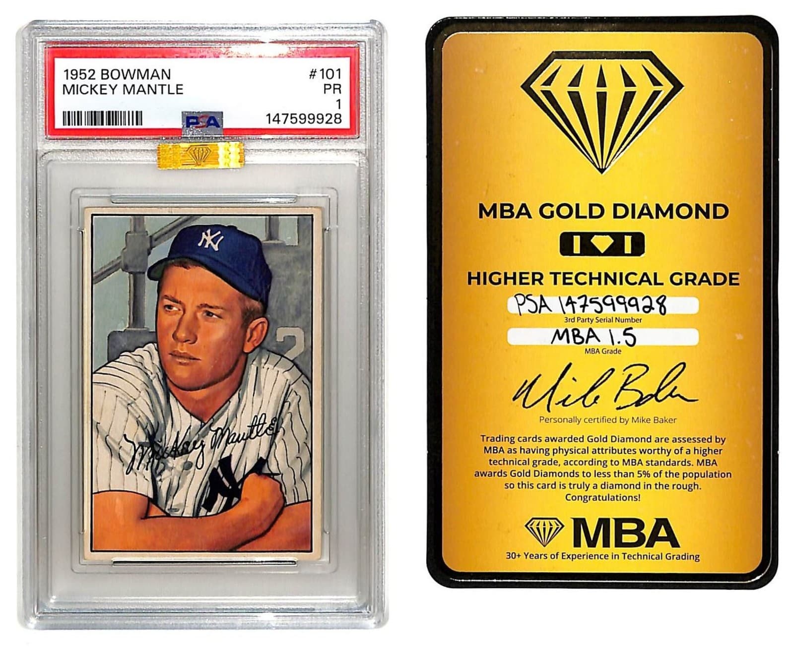 1952 Bowman Mickey Mantle MBA Gold Diamond #101 New York Yankees PSA 1
