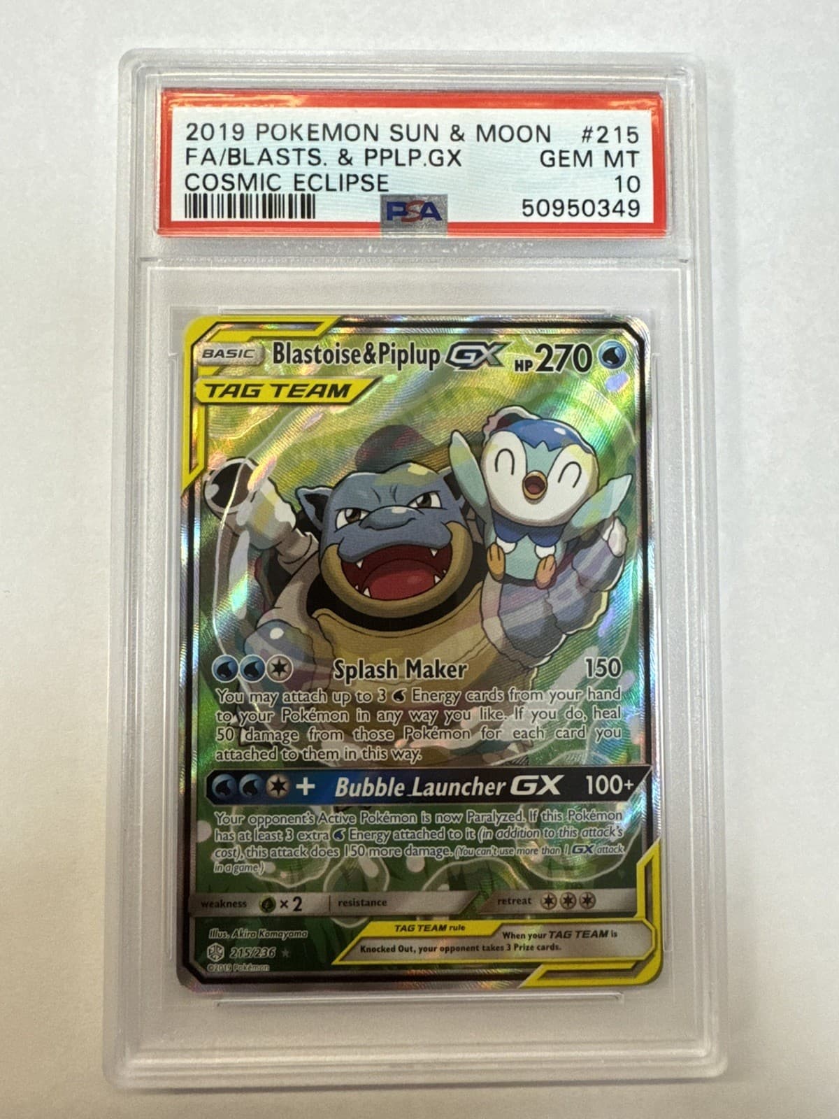 2019 POKEMON SUN & MOON COSMIC ECLIPSE FULL ART/BLASTOISE & PIPLUP GX PSA 10