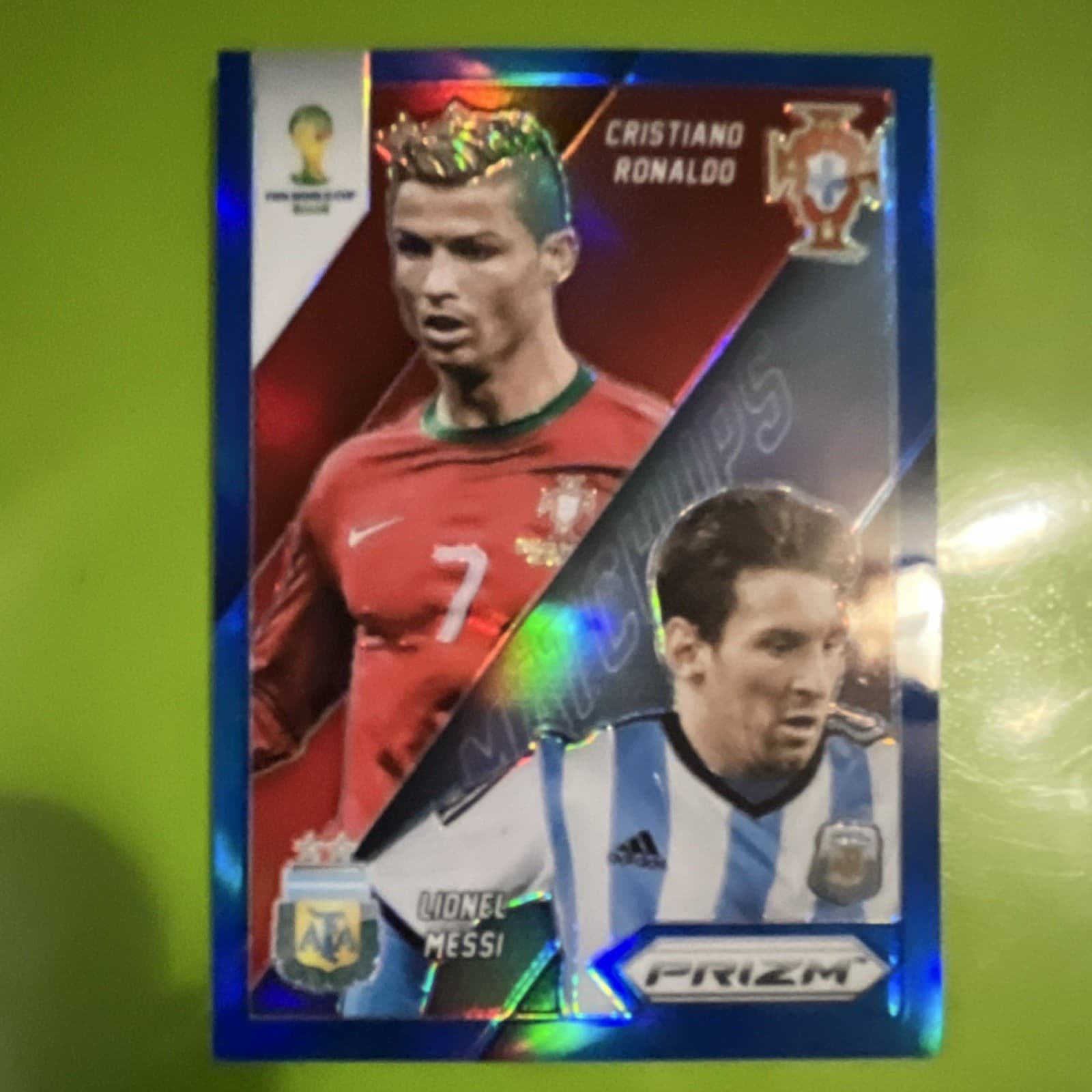 Panini Prizm World Cup Blue,  Matchups Messi Ronaldo #19 2014 Soccer Card /199