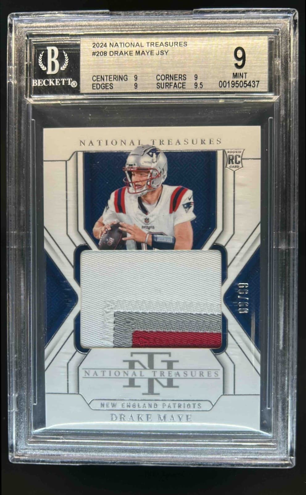 2024 National Treasures Drake Maye Rookie Patch RC #/99 Patriots BGS 9