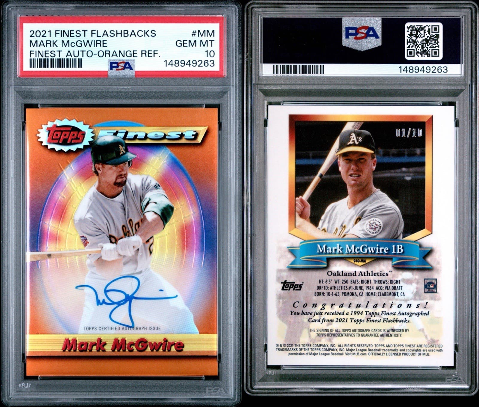 2021 Topps Finest Flashbacks Mark McGwire Auto 1/10 Orange Refractor PSA 10