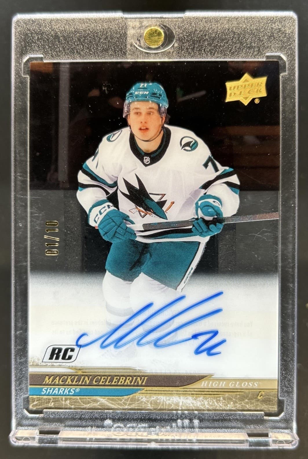 2024-25 Upper Deck Clear Cut Macklin Celebrini RC High Gloss Auto #/10 Sharks