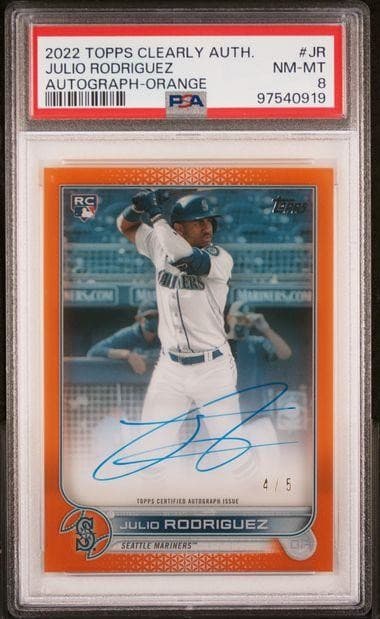 2022 Topps Clearly Authentic Julio Rodriguez Rookie Auto Orange /5 PSA 8