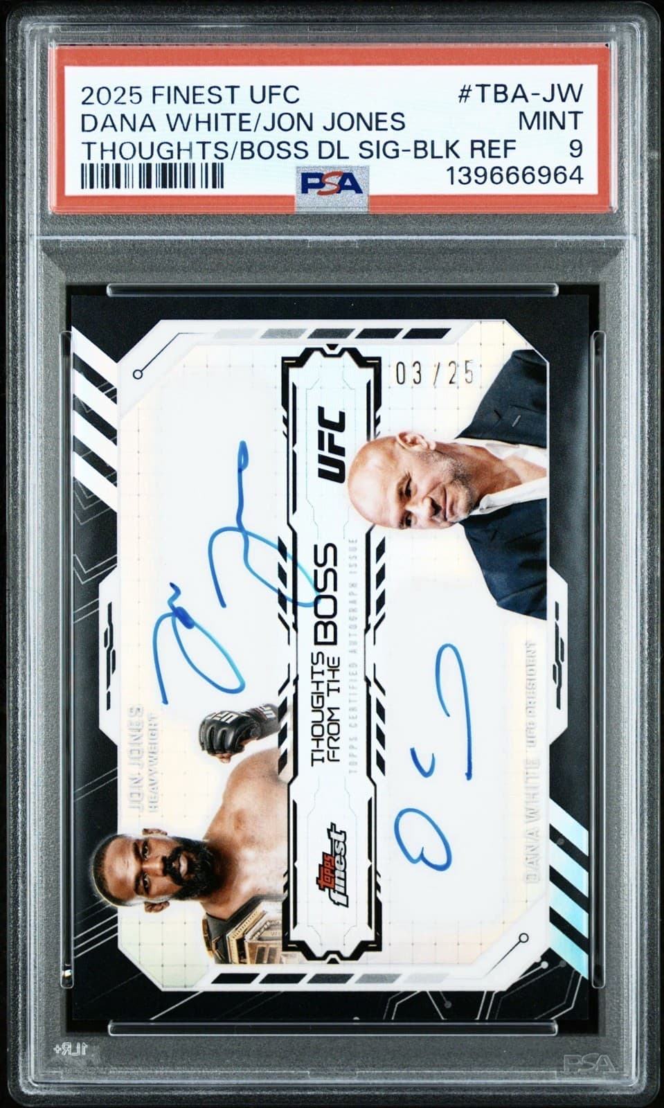 2025 Topps Finest Thoughts From The Boss Jon Jones/ Dana White Auto /25 PSA 9
