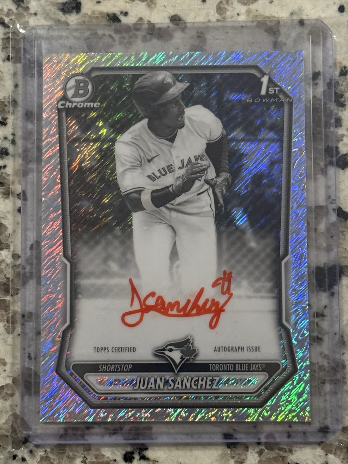 2026 Bowman Chrome 1st Bowman Juan Sanchez Auto Black & White Shimmer Blue Jays