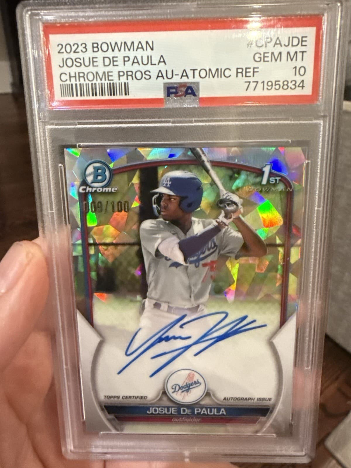 2023 Bowman Josue De Paula Chrome Auto Atomic Refractor 1st #/100 Dodgers PSA 10