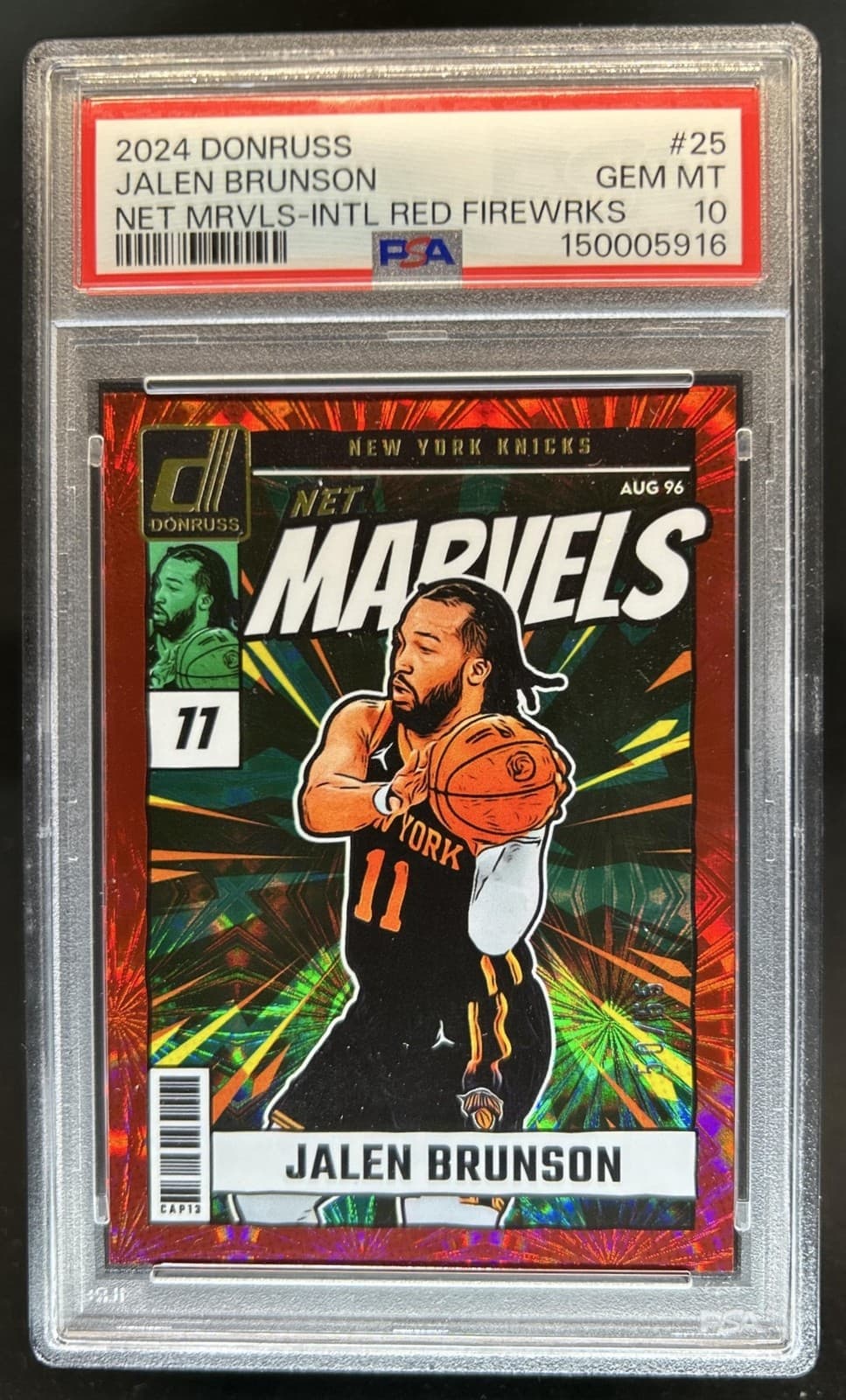 2024-25 Donruss Jalen Brunson Net Marvels International Red Fireworks /55 PSA 10