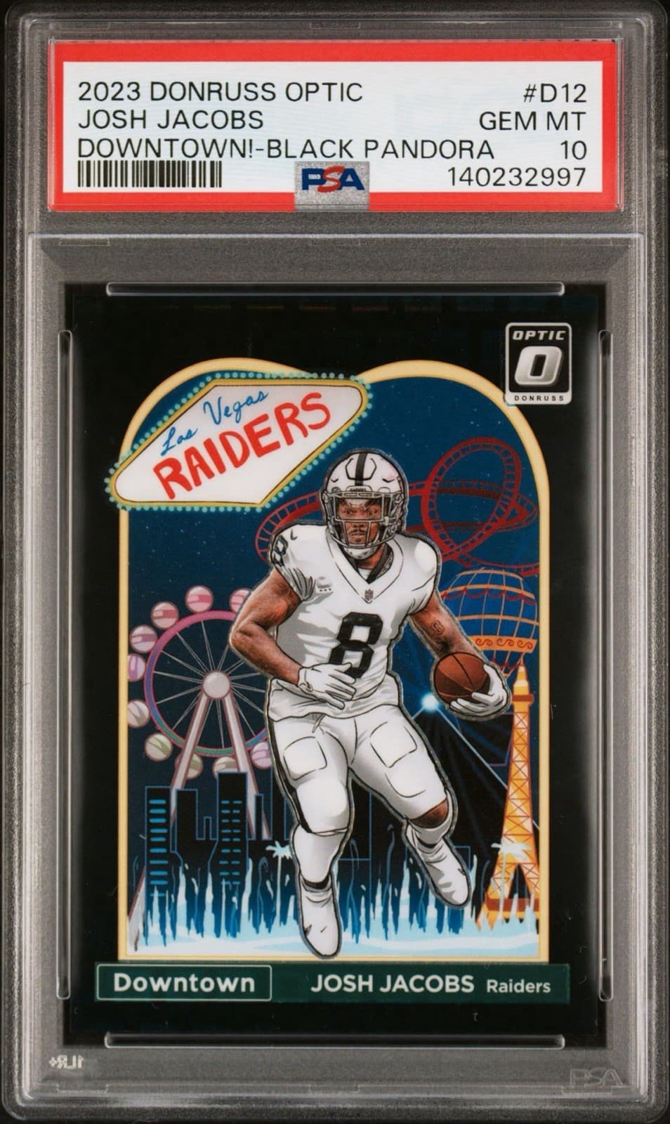 2023 Donruss Optic Josh Jacobs Downtown Black Pandora /25 #D12 PSA 10