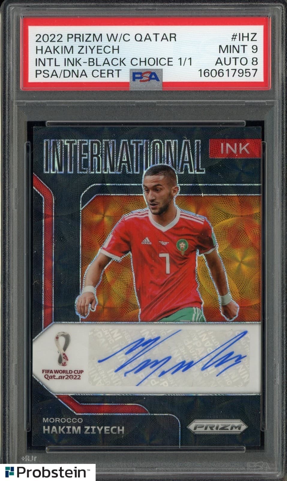 2022 Panini Black Choice Prizm Intl Ink Hakim Ziyech 1/1 PSA 9 PSA/DNA 8 AUTO