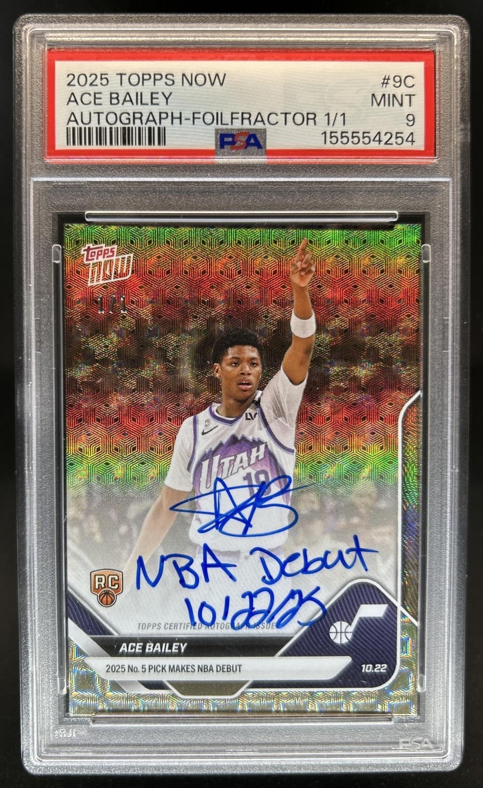 2025-26 Topps Now Ace Bailey Auto RC FoilFractor Rookie #1/1 Jazz PSA 9