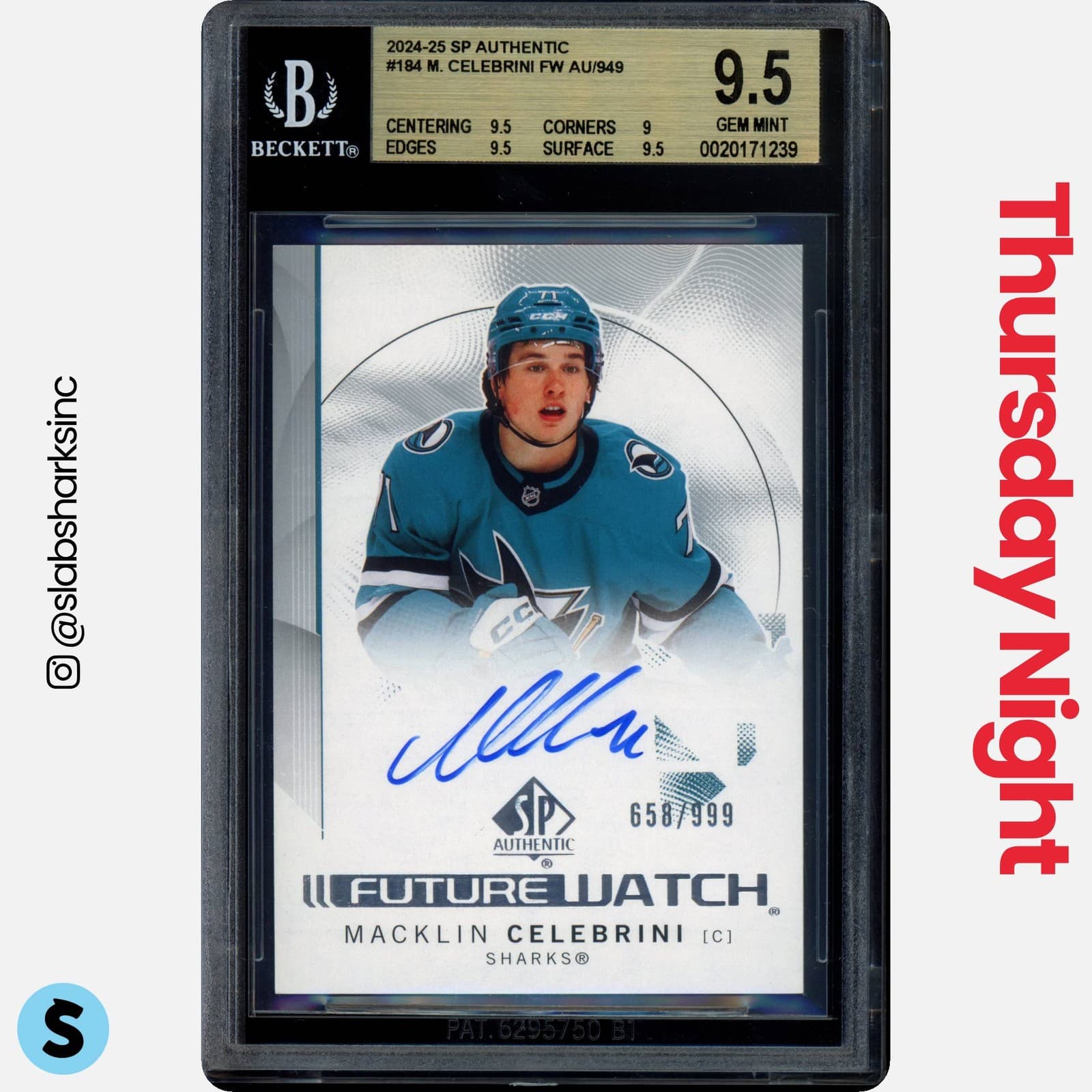2024 Upper Deck Sp Authentic Macklin Celebrini Future Watch Auto Rc /999 Bgs 9.5