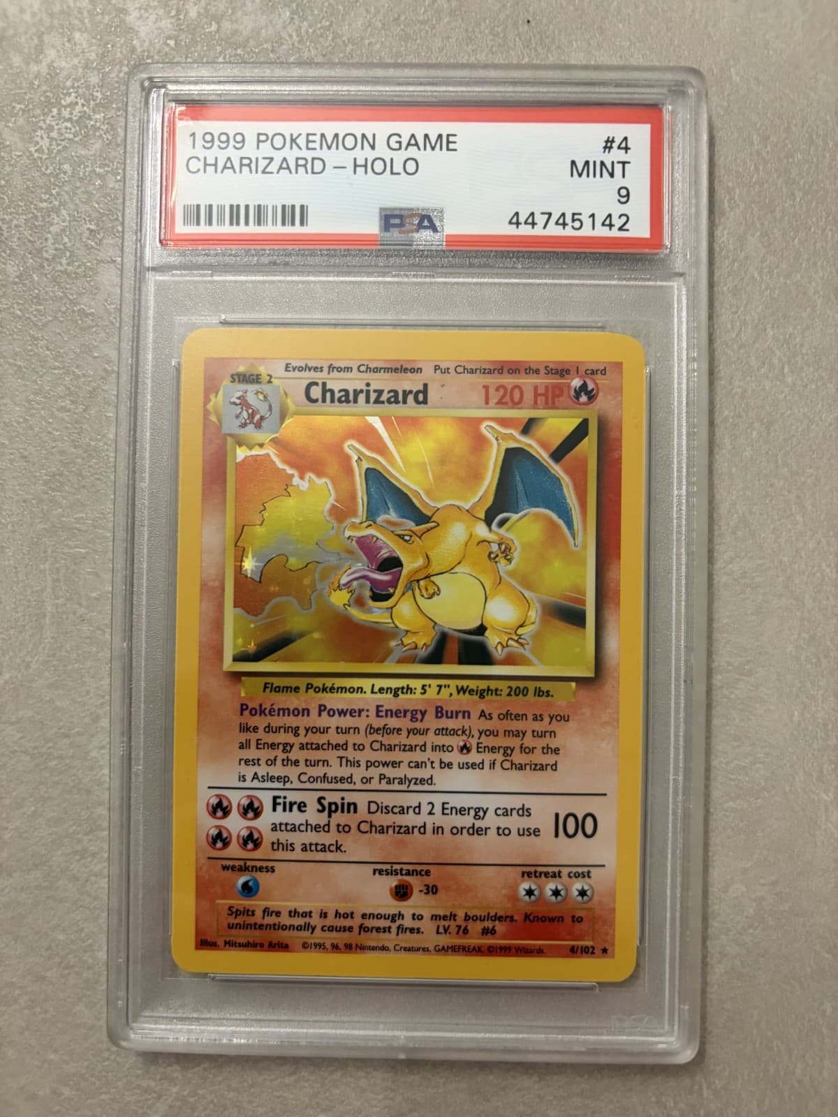 1999 POKEMON GAME PSA 9 CHARIZARD HOLO BASE SET #4 ENGLISH