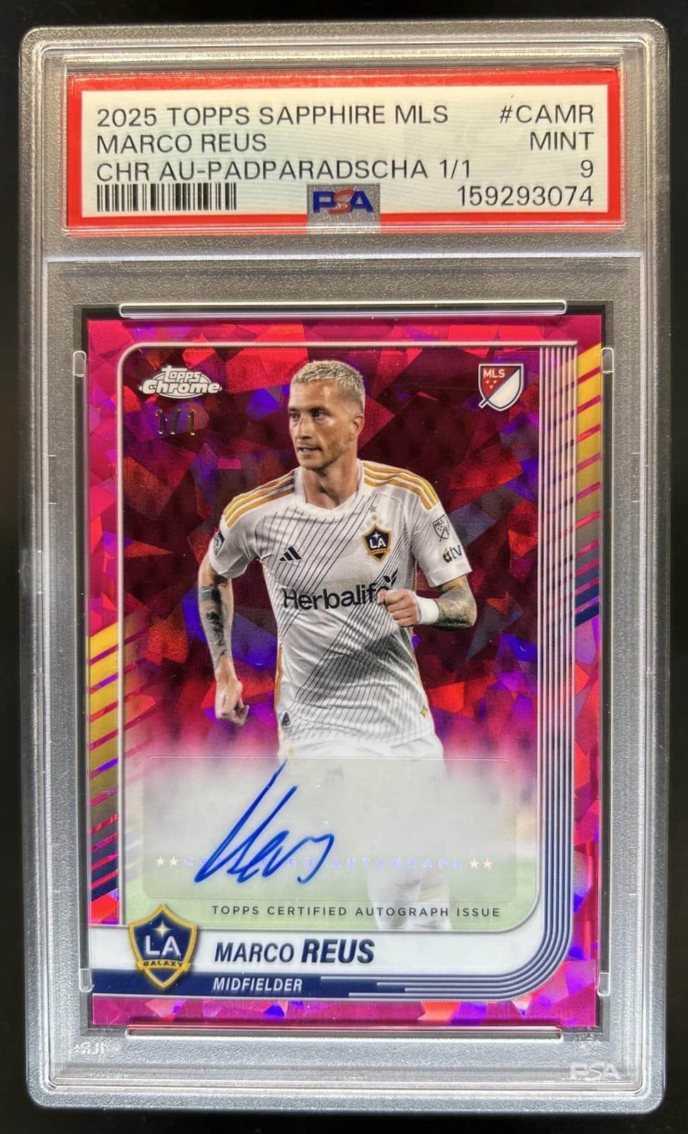 2025 Topps Chrome MLS Sapphire Marco Reus Auto Padparadscha Refractor #1/1 PSA 9