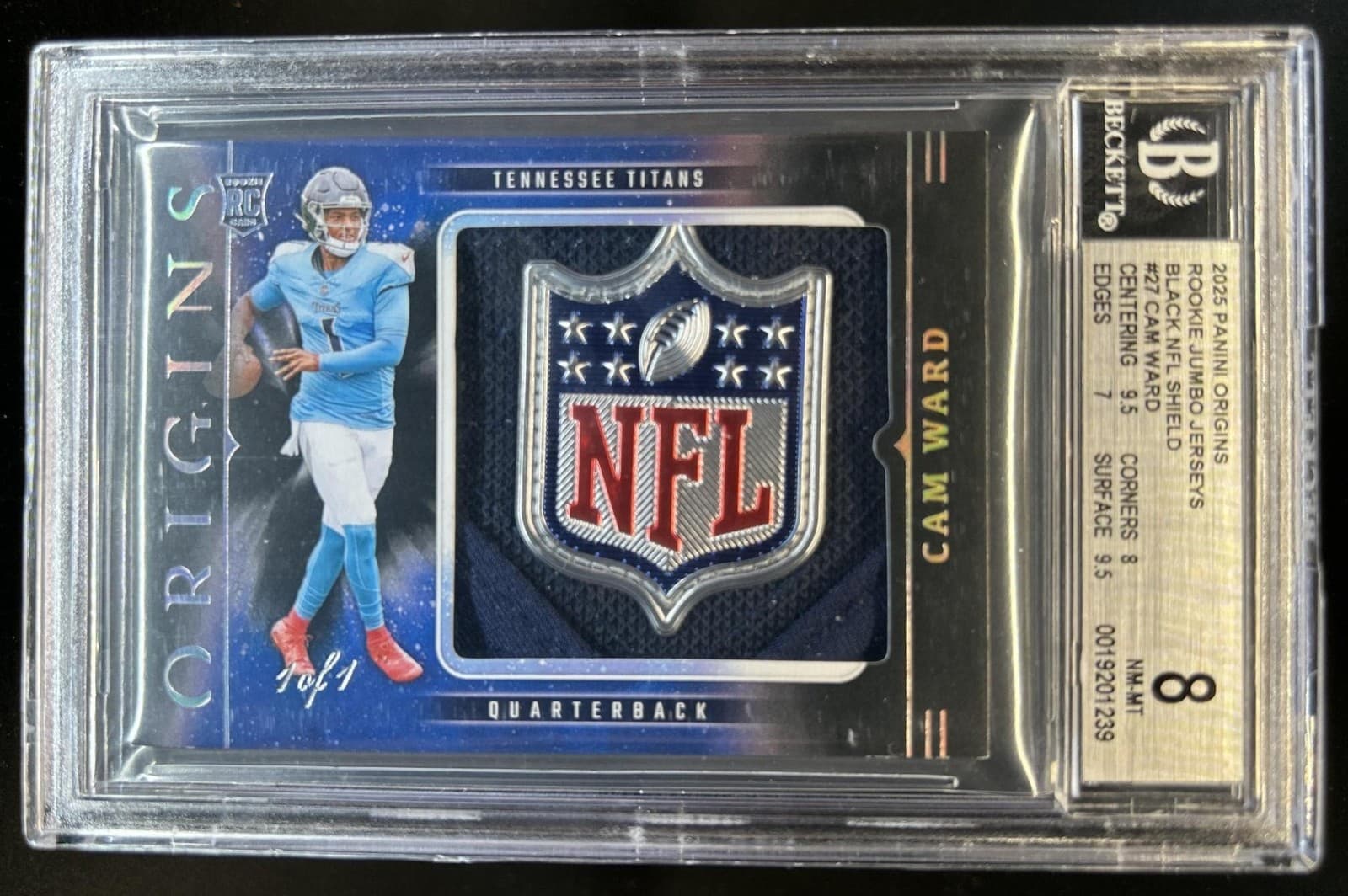 2025 Panini Origins Cam Ward Rookie Jumbo Patch Black NFL Shield #1/1 BGS 8