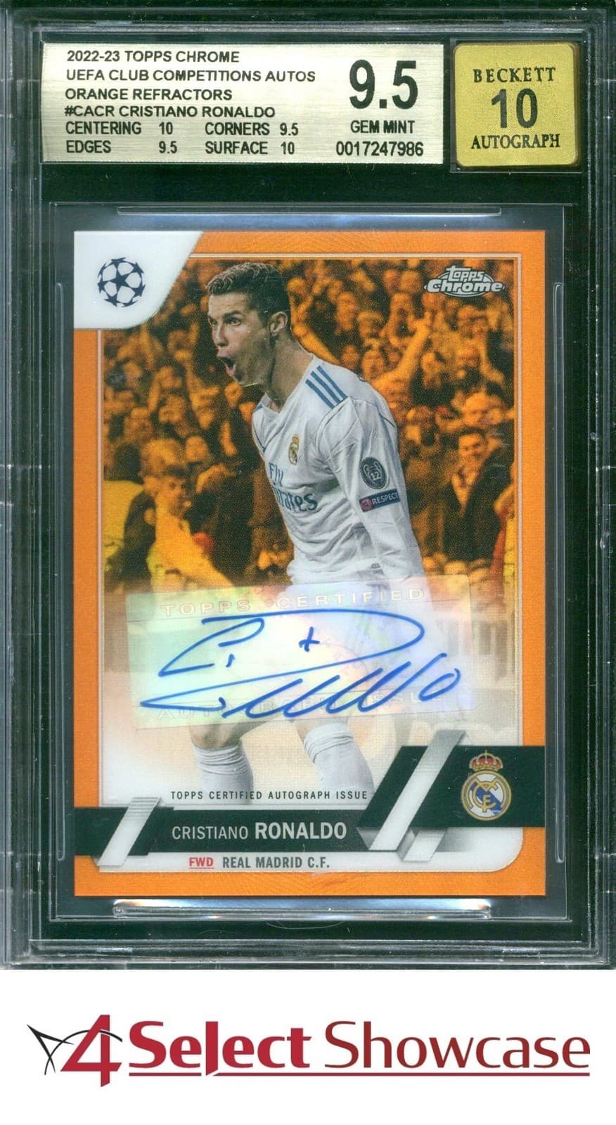 2022 TOPPS CHROME UEFA ORANGE REFRACTOR CRISTIANO RONALDO #/25 BGS 9.5 AUTO 10