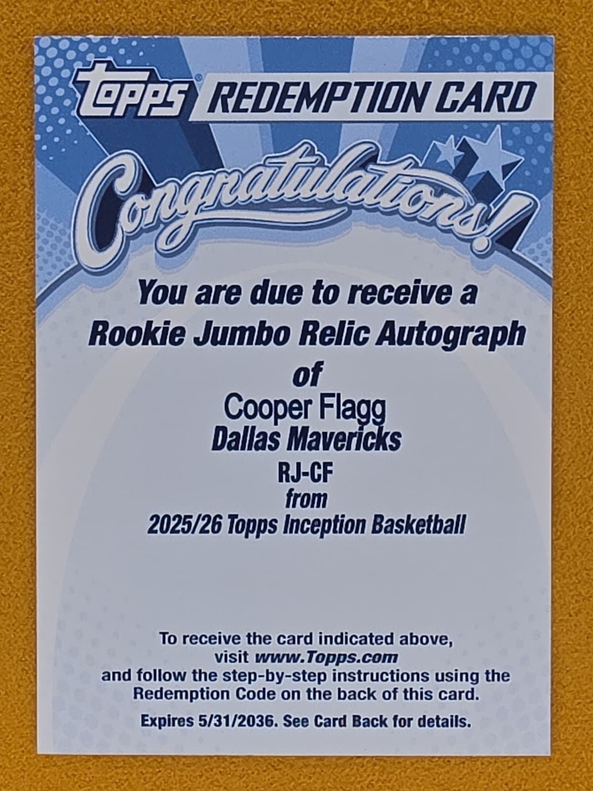 2025-26 Cooper Flagg Inception Rookie Jumbo Relic Patch Auto Redemption /00342