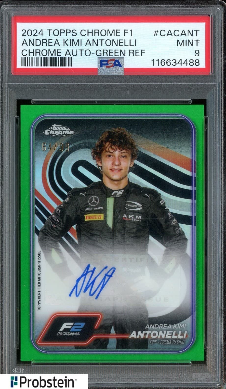 2024 Topps Chrome F1 Andrea Kimi Antonelli Chrome Auto Green Refractor /99 PSA 9
