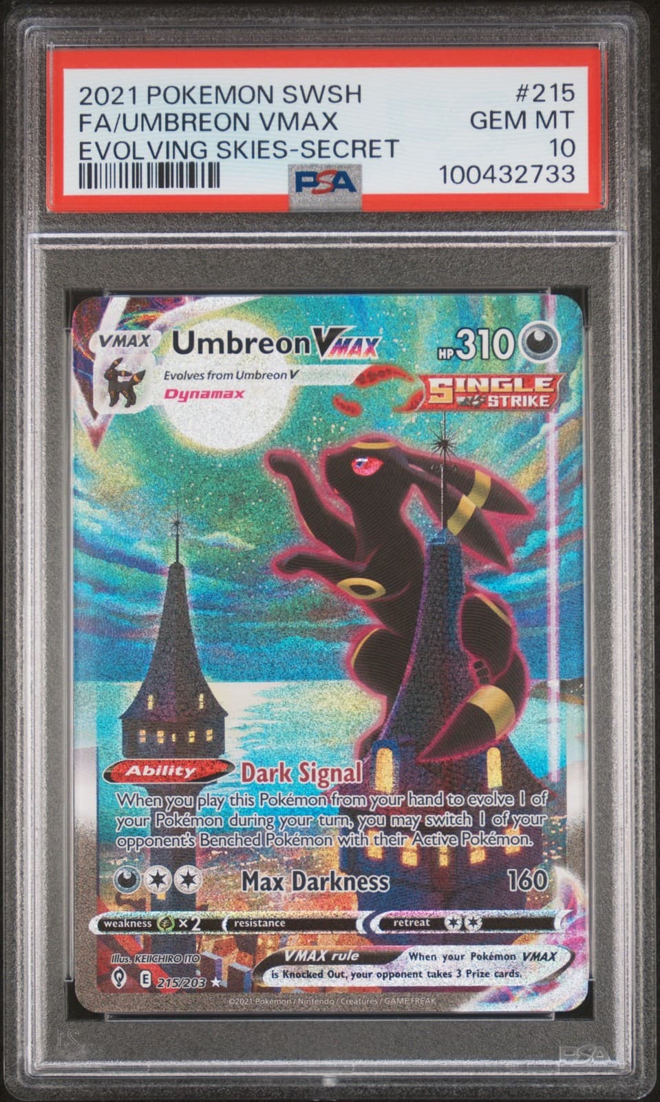 2021 POKEMON SWORD & SHIELD EVOLVING SKIES SECRET FULL ART/UMBREON VMAX PSA 10