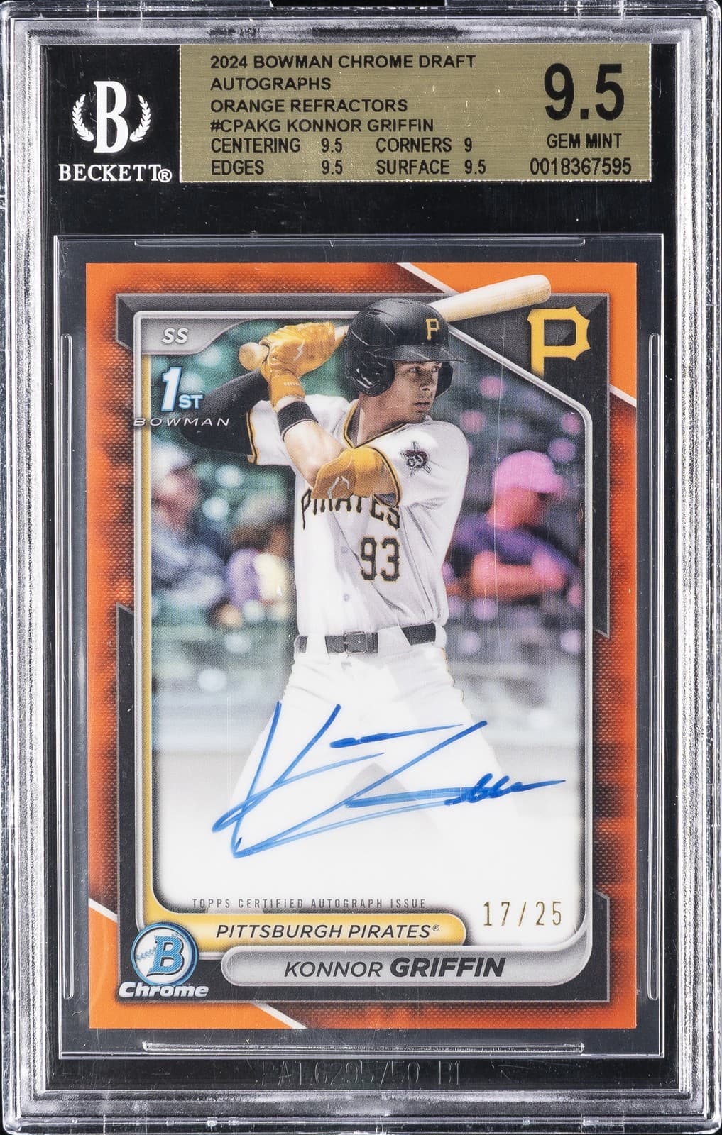 2024 Bowman Chrome Draft Orange Refractor Konnor Griffin Bgs 9.5 Auto 10