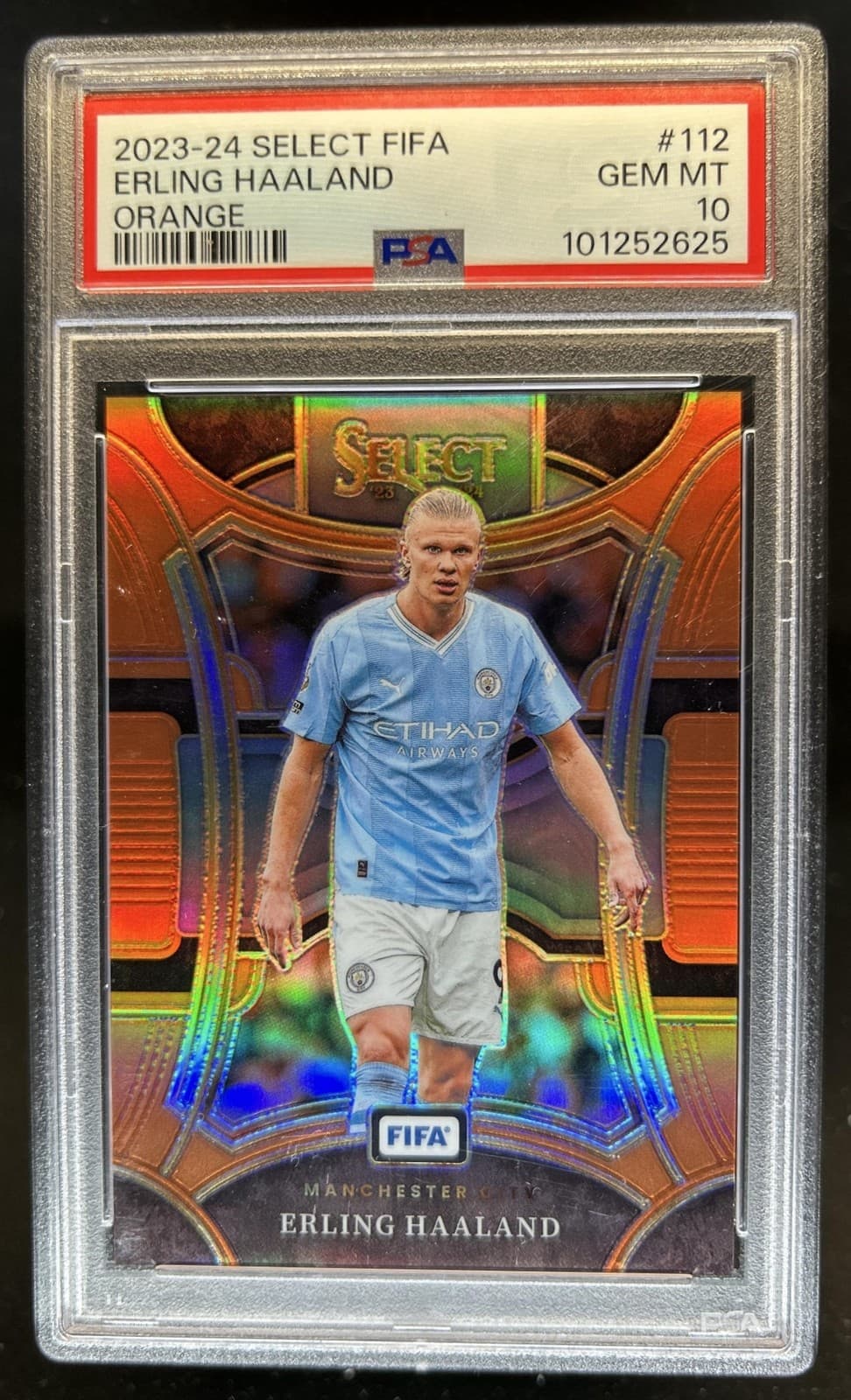 2023-24 Panini Select FIFA Erling Haaland Orange Prizm #/49 Man City PSA 10
