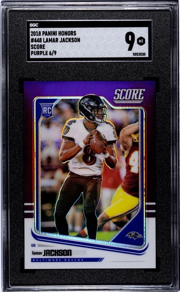 2018 Panini Honors Score Lamar Jackson #448 Color Match Purple Prizm RC /9 SGC 9
