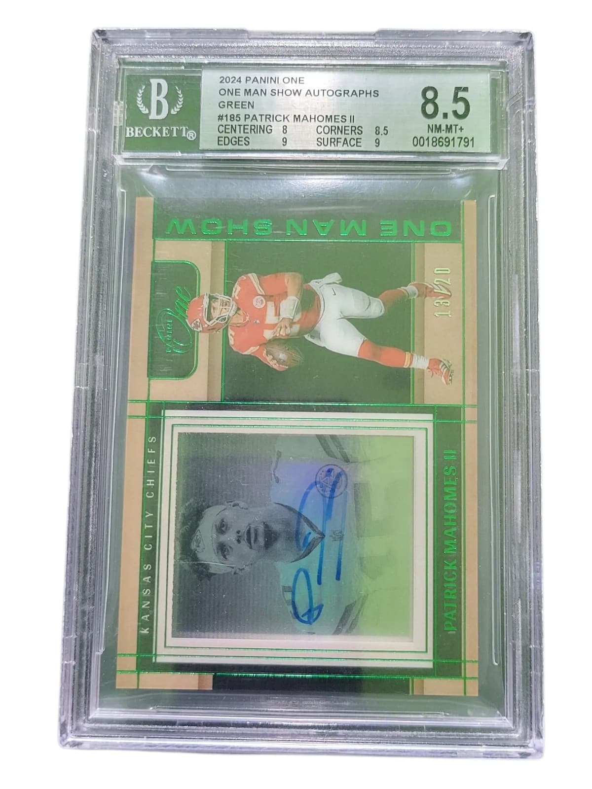 2024 Panini One One Man Show Auto Green Patrick Mahomes II #185 BGS 8.5 Auto 9