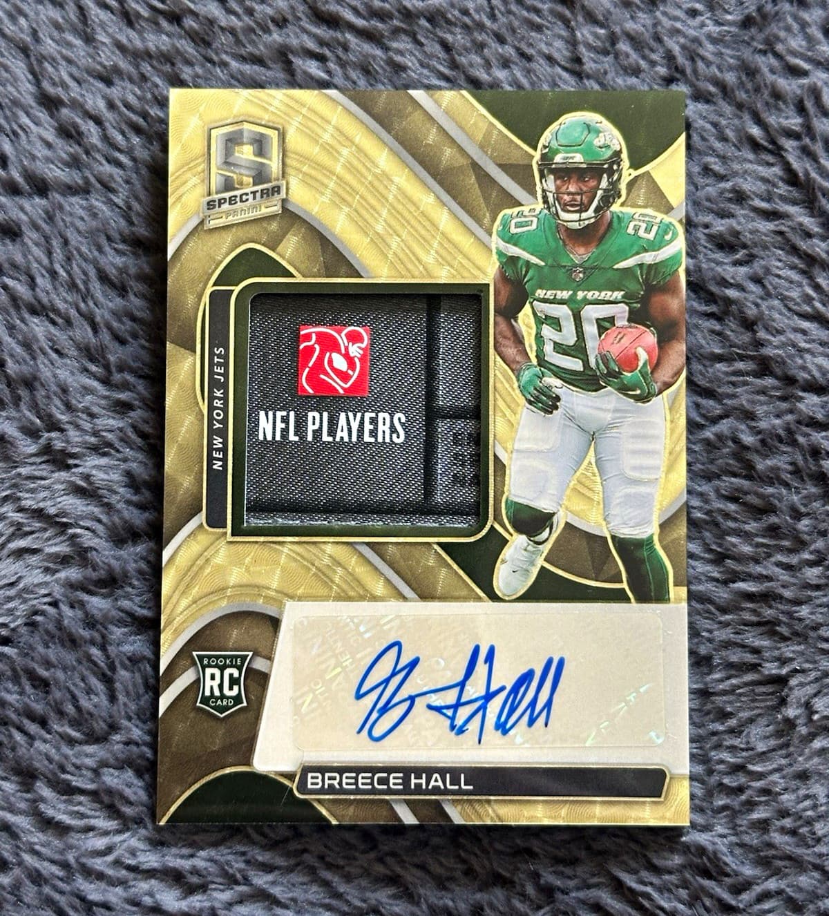 Panini 2022 Spectra RPA Breece Hall NY Jets Rookie Patch Auto 1/1 Gold Vinyl NFL