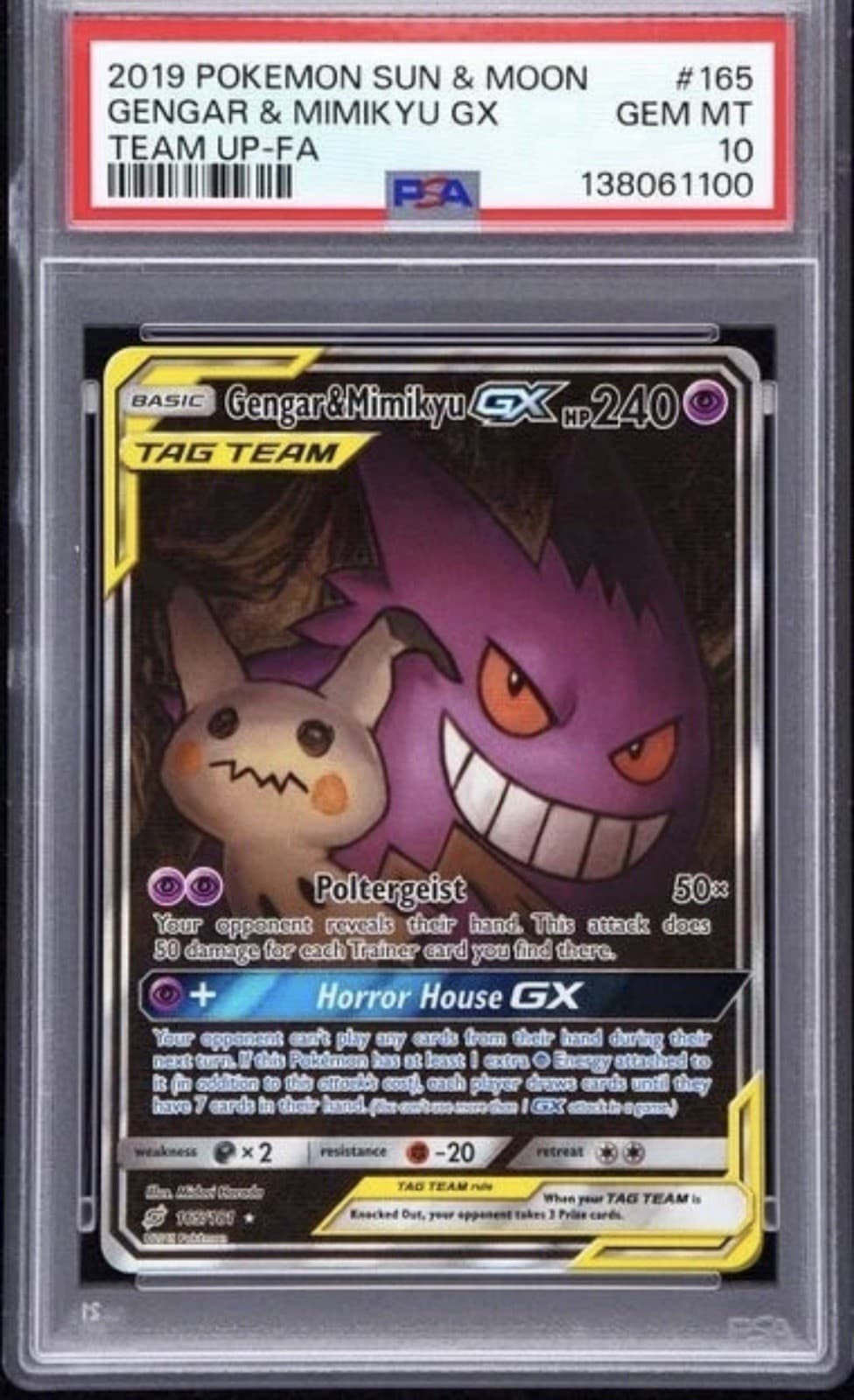 2019 Pokemon Sun & Moon Team Up Gengar & Mimikyu #165 Full Alt Art PSA 10