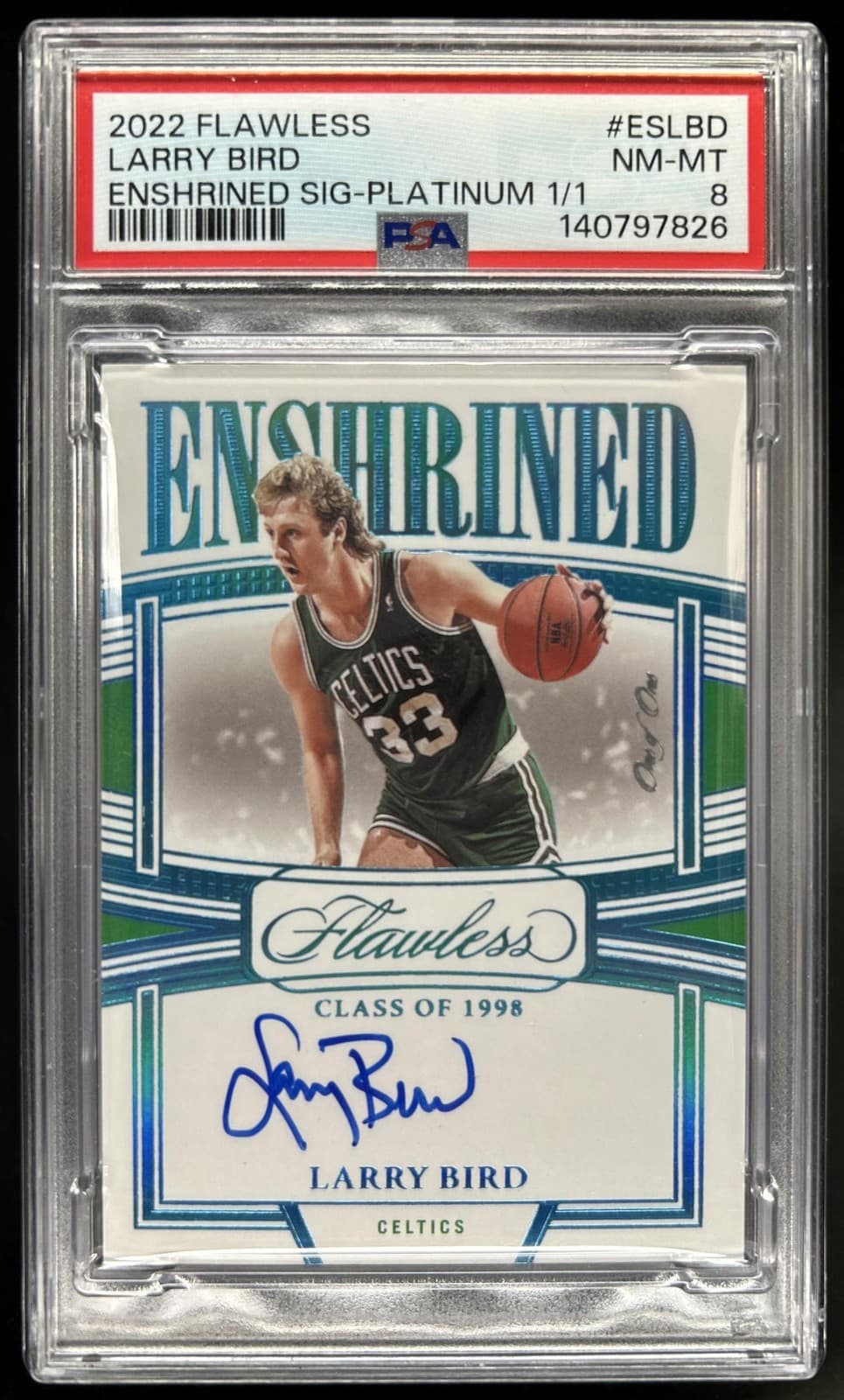 2022-23 Panini Flawless Larry Bird Enshrined Signatures Platinum Auto #1/1 PSA 8
