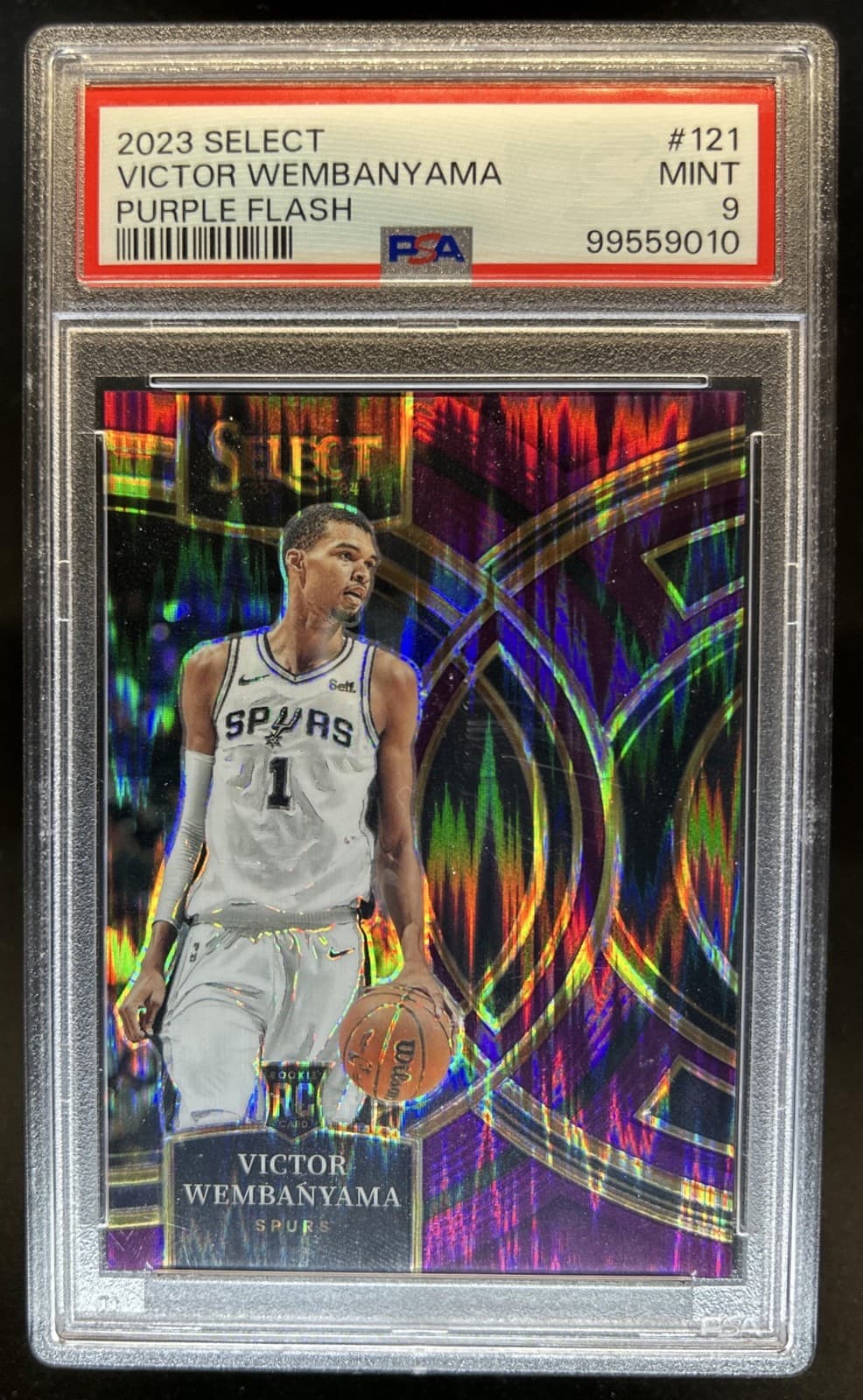 2023-24 Select Victor Wembanyama Purple Flash Prizm RC Premier Level #/175 PSA 9