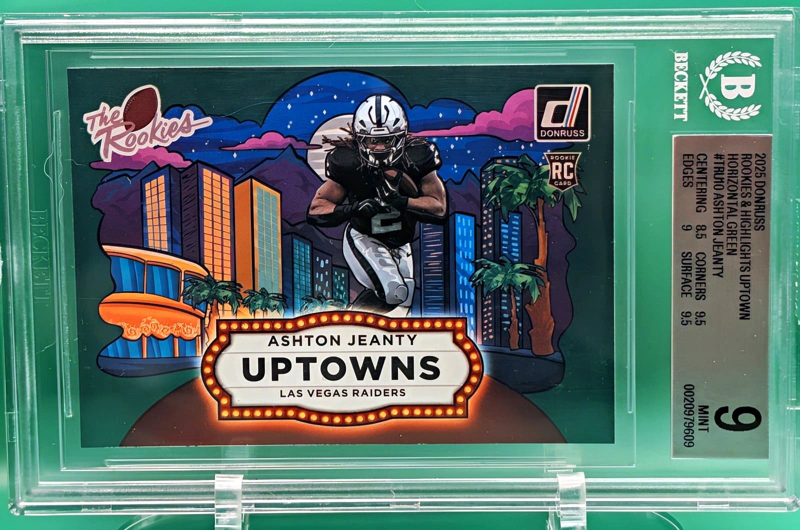 Panini Donruss 2025 R&H Ashton Jeanty Raiders Uptowns TRU-10 Green RC BGS 9