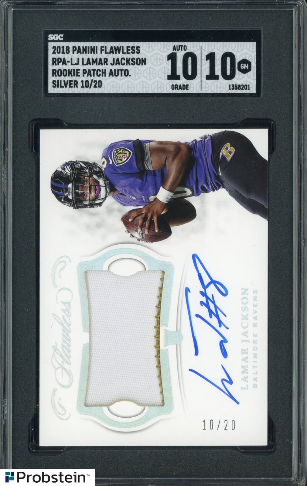 2018 Panini Flawless Silver Lamar Jackson RC Patch /20 SGC 10 w/ 10 AUTO
