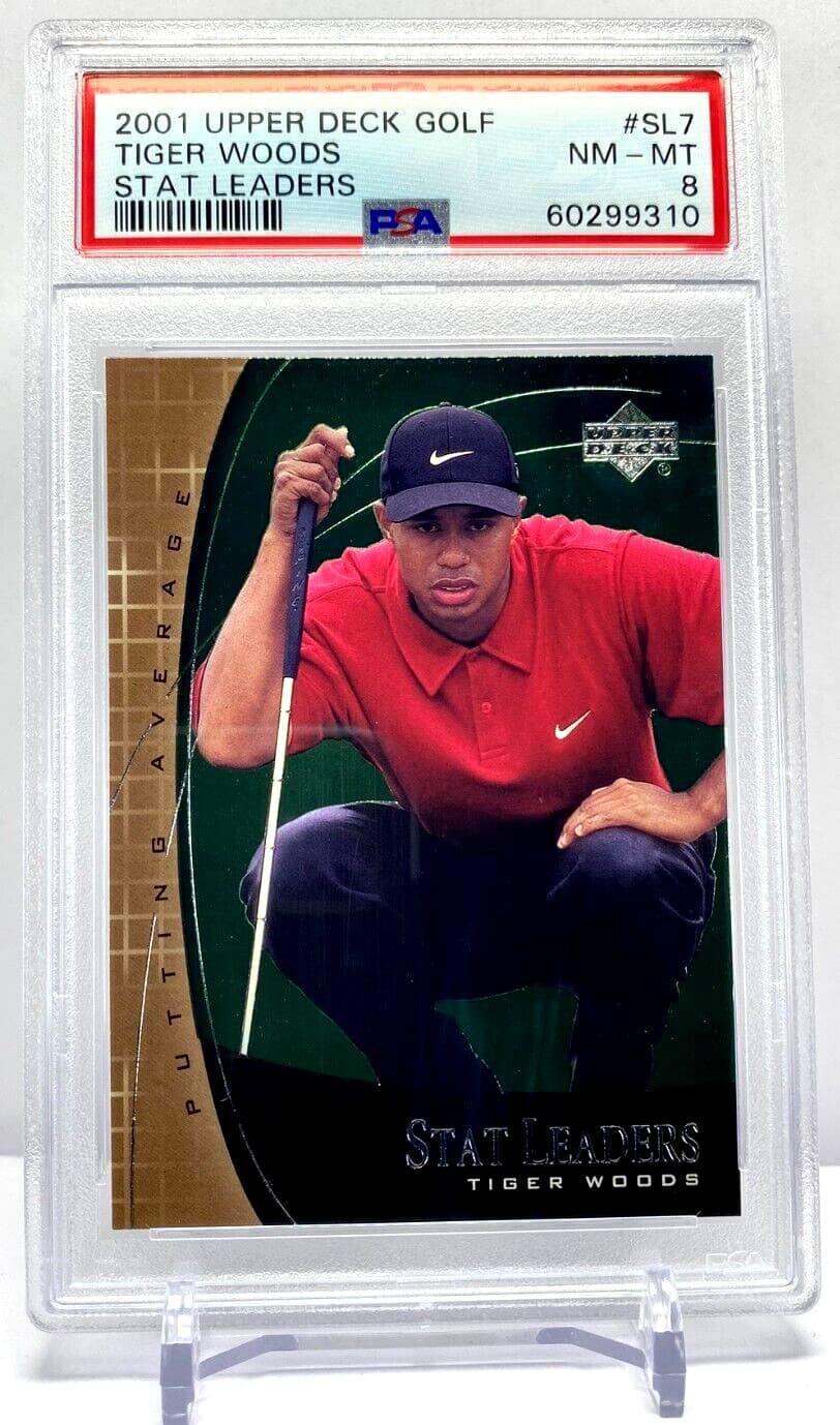 2001 Upper Deck Golf Rookie Stat Leaders Tiger Woods No.7 PSA 8