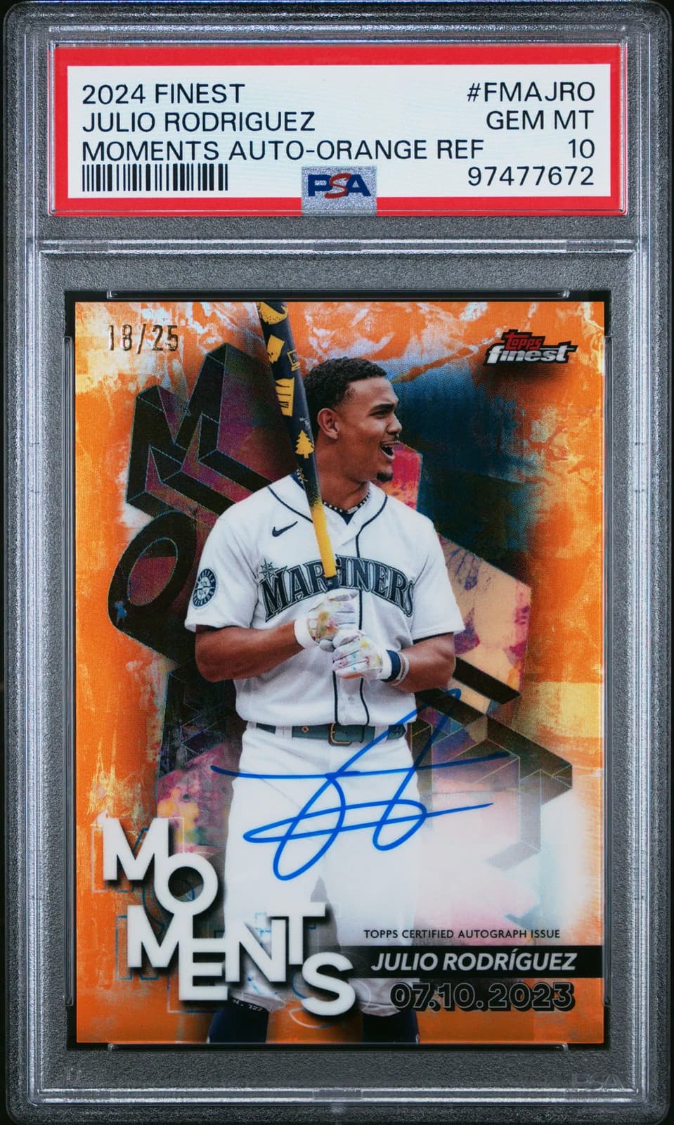 2024 Topps Finest Moments Auto Julio Rodriguez #FMAJRO Orange Ref 18/25 PSA 10
