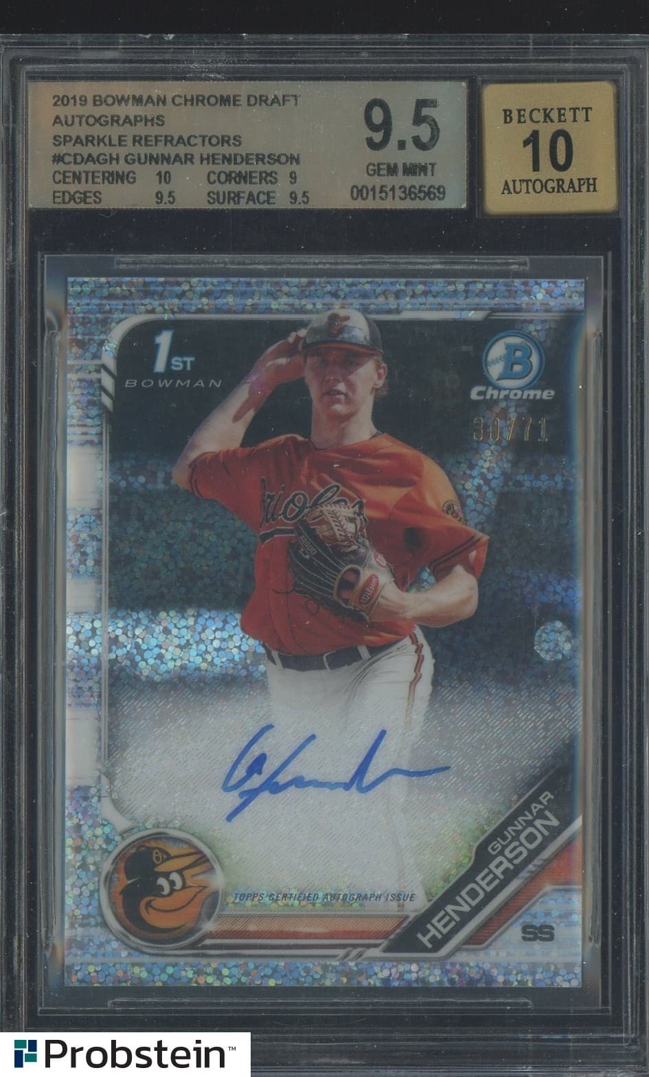 2019 Bowman Chrome Draft Sparkle Gunnar Henderson RC /71 BGS 9.5 w/ 10 AUTO