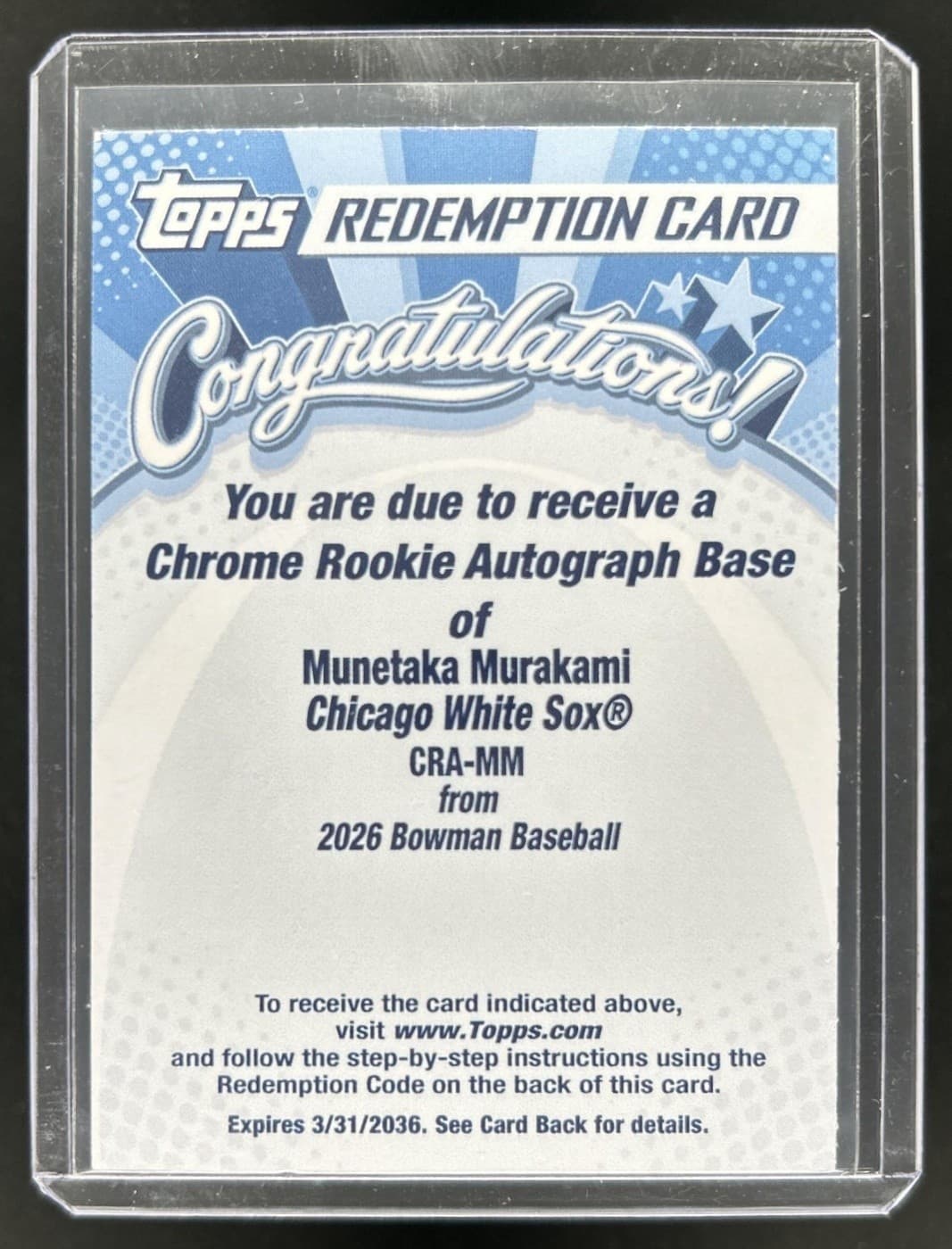 2026 Bowman Munetaka Murakami Chrome Auto Autograph RC #CRA-MM White Sox Rookie