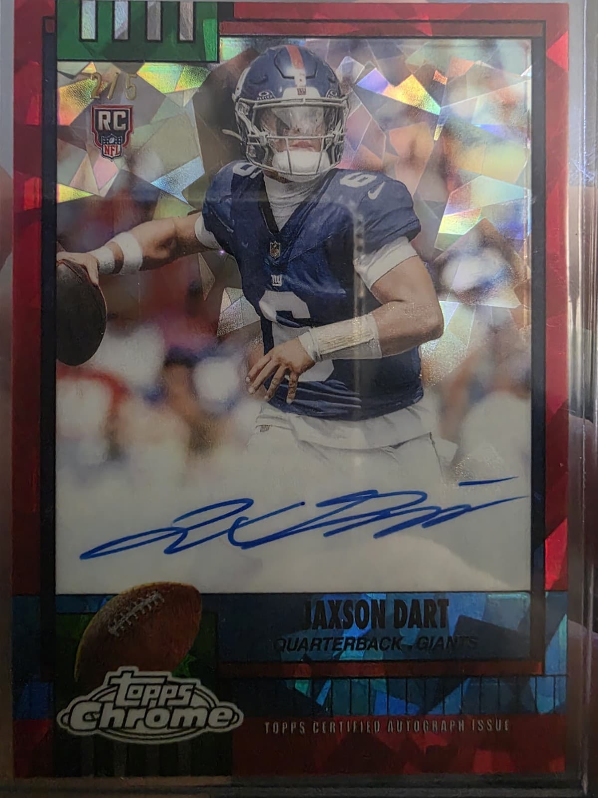 Topps 2025 Chrome Sapphire Football Jaxson Dart RC Auto /5 Giants 1990-JD