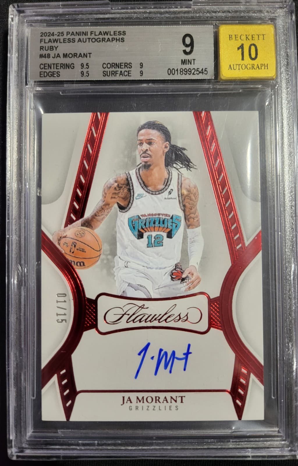 2024-25 Panini Flawless Flawless Autographs Ja Morant #FA-48 Ruby /15 (AU) MT 10