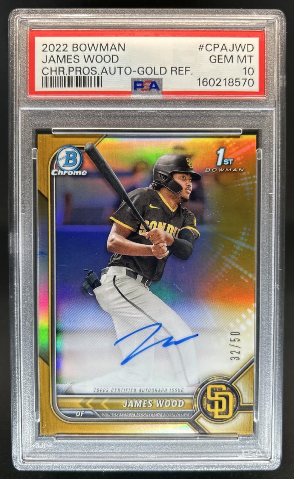 2022 Bowman James Wood Chrome Prospect Auto Gold Refractor #/50 Padres PSA 10