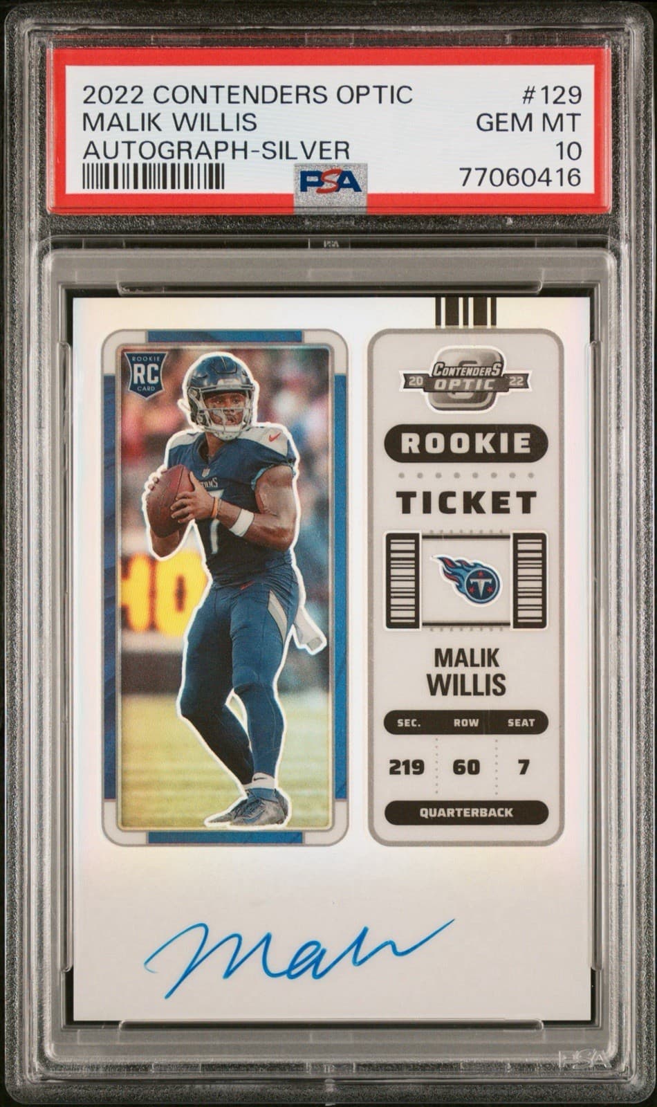 2022 Malik Willis Optic Contenders Silver Auto PSA 10